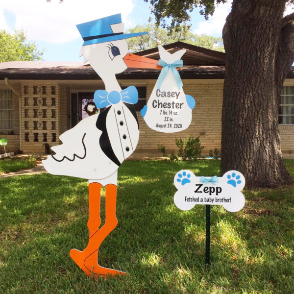 Blue Stork Sign with Dog Bone Sign, Birth Announcement Stork front yard Sign Rental in Shenandoah Valley, VA