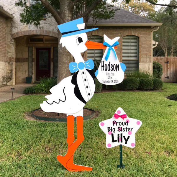Blue Stork Sign with Sibling Star, Birth Announcement Stork front yard Sign Rental in Shenandoah Valley, VA