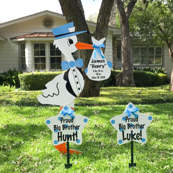 Blue Stork Sign with Sibling Stars, Birth Announcement Stork front yard Sign Rental in Shenandoah Valley, VA