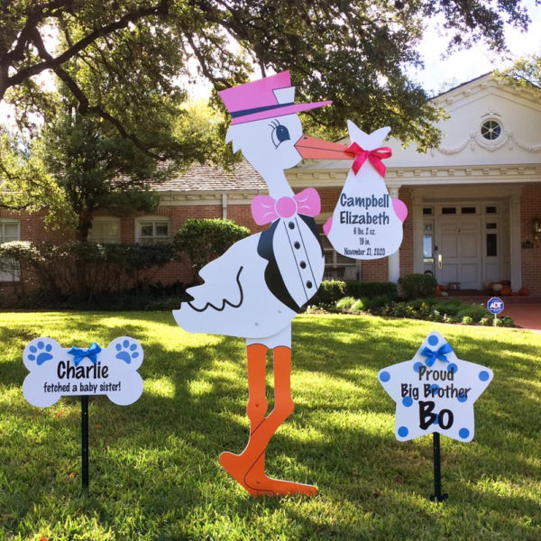 Pink Stork Sign with Dog Bone and Sibling Star, Birth Announcement Stork front yard Sign Rental in Shenandoah Valley, VA