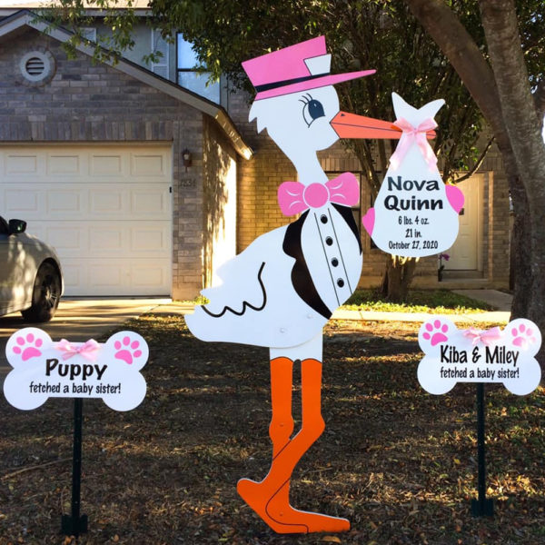 Pink Stork Sign with Dog Bones, Birth Announcement Stork front yard Sign Rental in Shenandoah Valley, VA