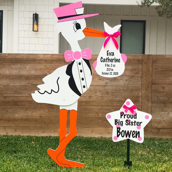 Pink Stork Sign with Sibling Star, Birth Announcement Stork front yard Sign Rental in Shenandoah Valley, VA