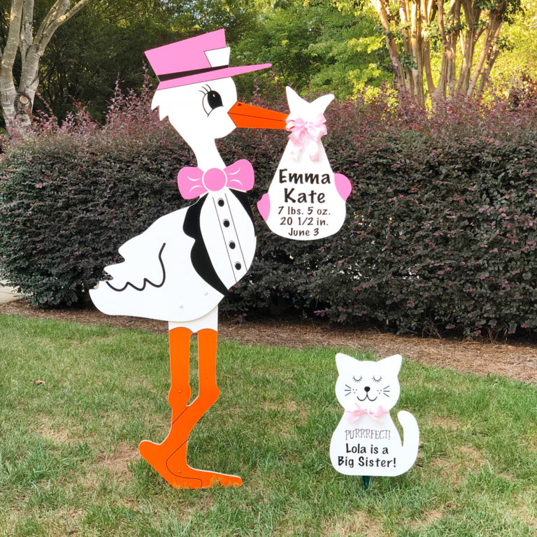 Pink Stork with Cat Sign, Birth Announcement Stork front yard Sign Rental in Shenandoah Valley, VA