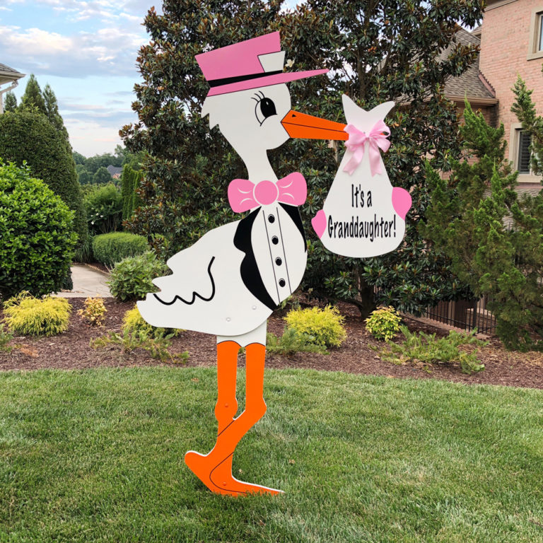 Pink Grandparent Stork Sign, Birth Announcement Stork front yard Sign Rental in Shenandoah Valley, VA
