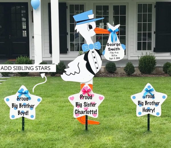 Blue Stork with Sibling Stars, Birth Announcement Stork front yard Sign Rental in Shenandoah Valley, VA