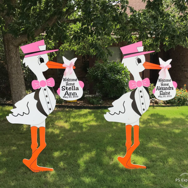 Pink Twin Stork Sign, Birth Announcement Stork front yard Sign Rental in Shenandoah Valley, VA