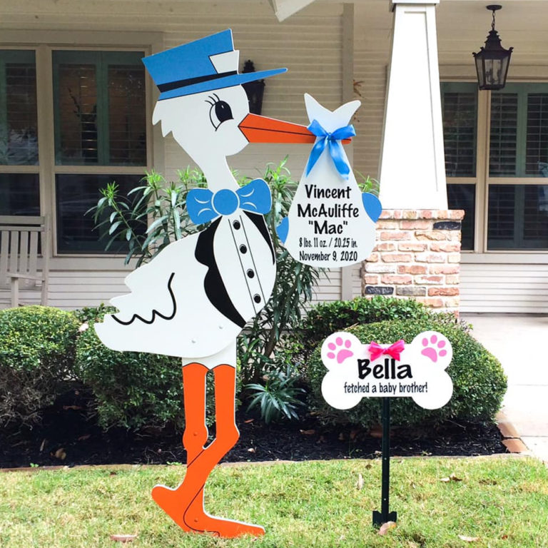 Blue Stork with Dog Bone, Birth Announcement Stork front yard Sign Rental in Shenandoah Valley, VA