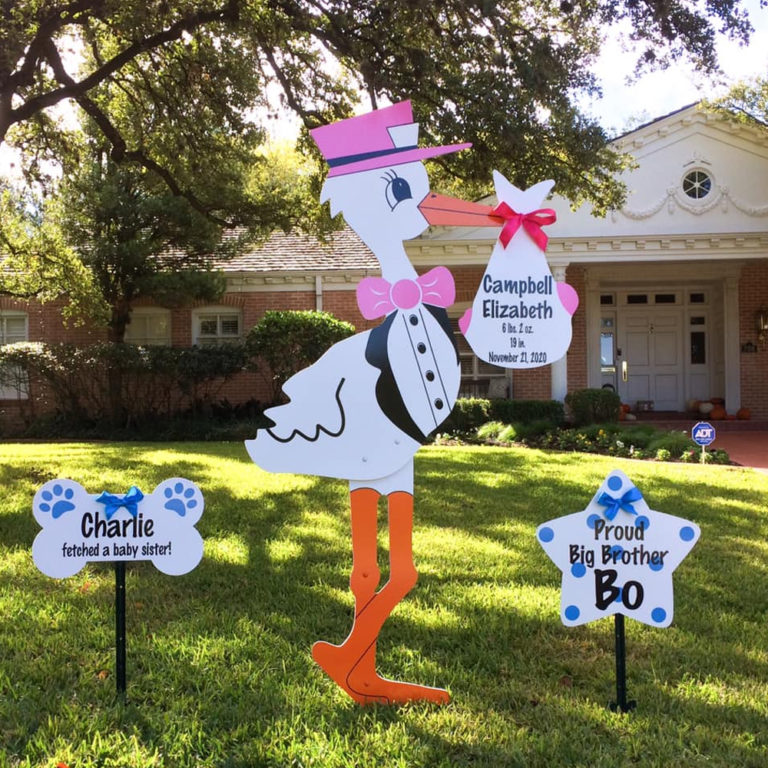 Pink Stork with Sibling Star and Dog Bone, Birth Announcement Stork front yard Sign Rental in Shenandoah Valley, VA